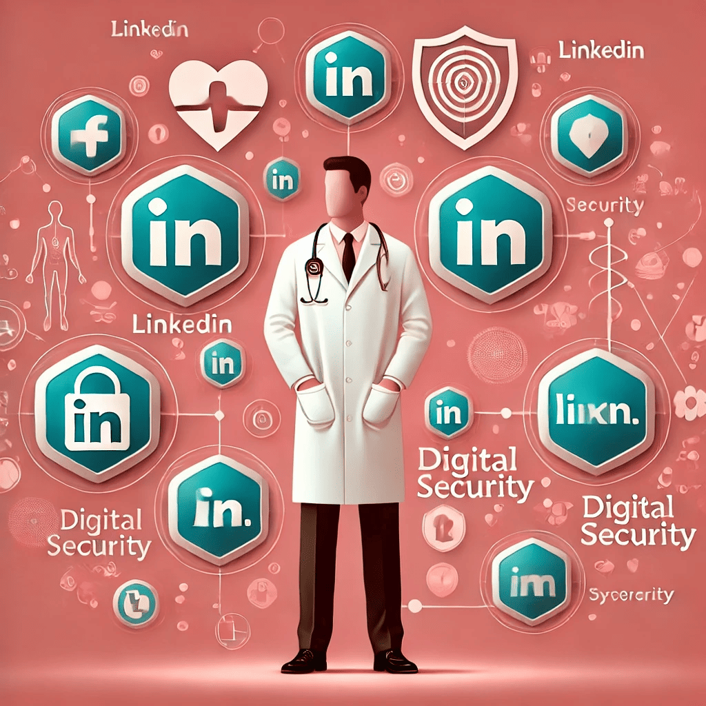 Médecin entouré d'icônes de réseaux sociaux et de boucliers, symbolisant la sécurité numérique et la gestion de la présence en ligne