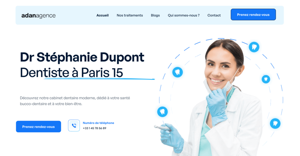 Maquette d'un site web de dentiste bien conçu, présentant un design professionnel, clair et moderne.