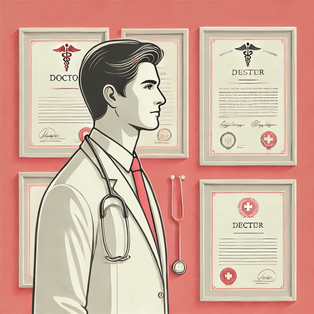 Profil d’un médecin avec diplômes et certifications visibles, symbolisant l’importance de la transparence des qualifications en ligne